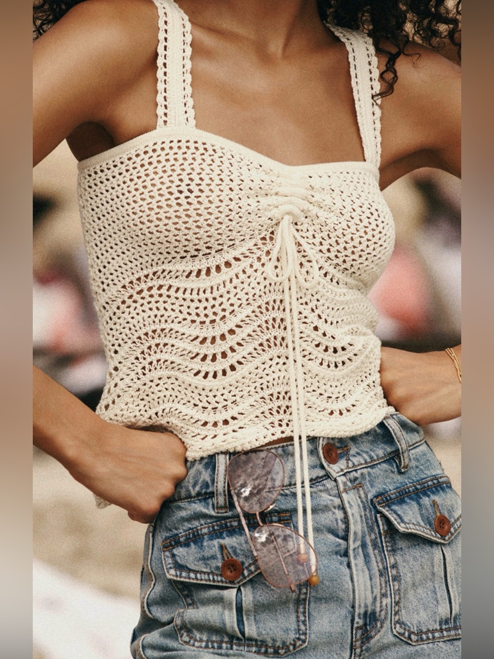 Rachel Zoe cream crochet tank top delicate wavy knit pattern and a tie-front